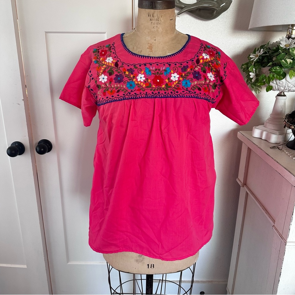Boho Mexican pink Embroidered blouse size LARGE / Xl